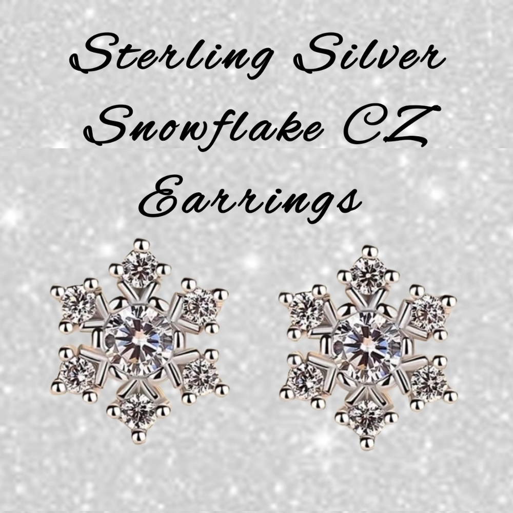 Sterling Silver CZ Snowflake Stud Earrings NEW - Picture 1 of 10